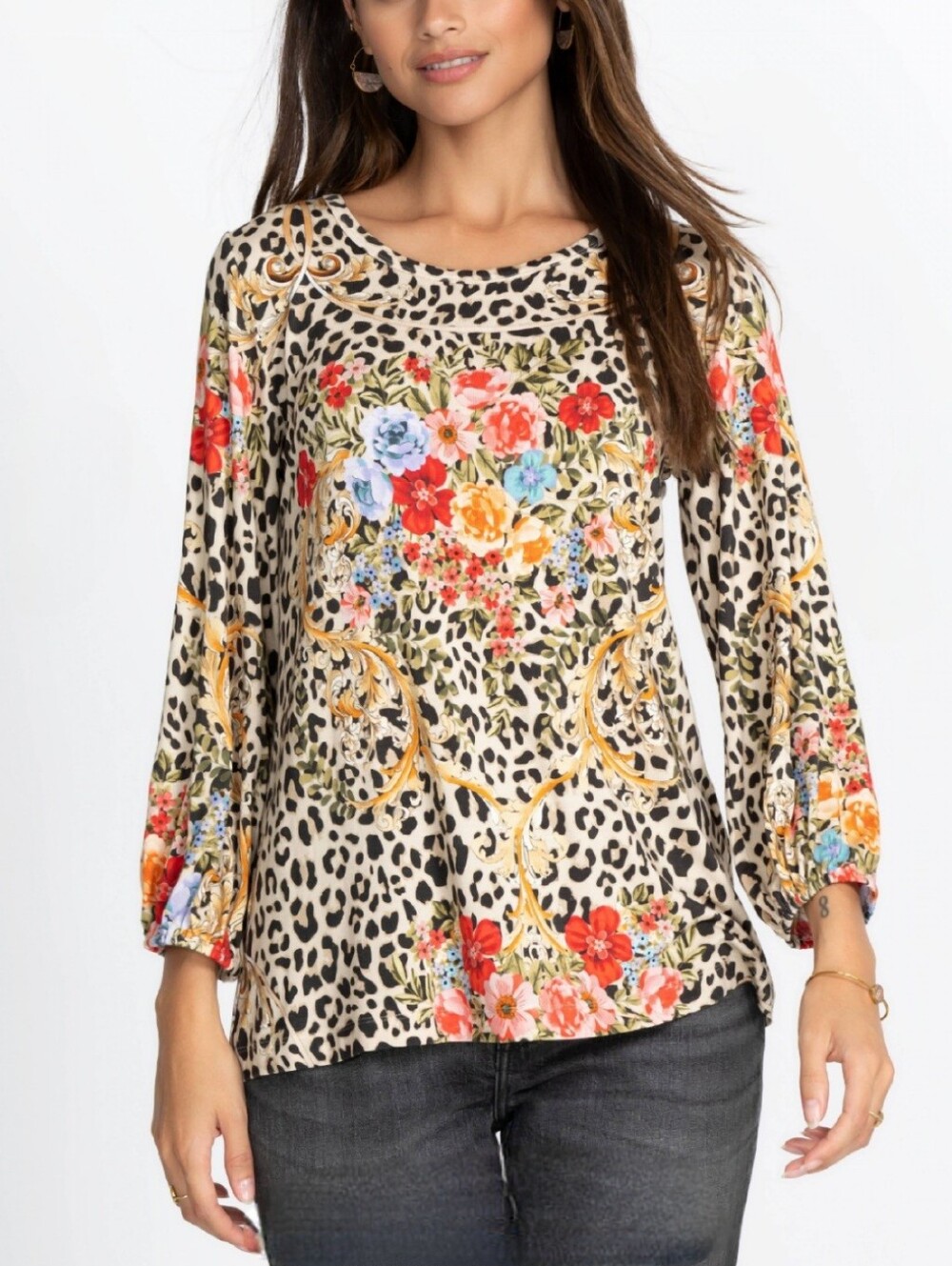 Johnny Was Cheetah Puff Sleeve Top Size Large